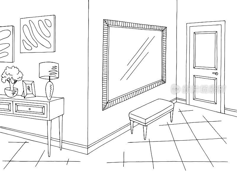 Hallway graphic black white home interior sketch illustration vector